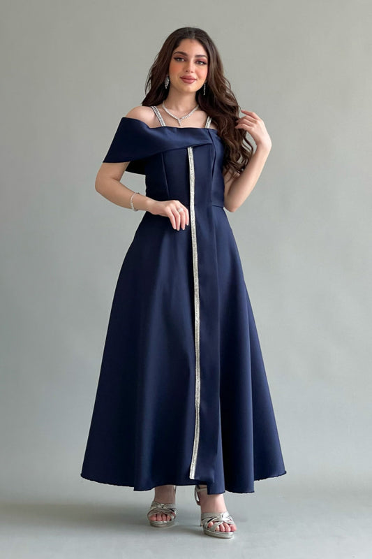 Off shoulder evening dress, navy blue