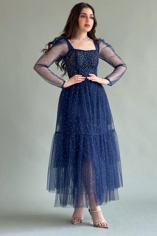 Tulle evening dress decorated with beads, navy blue