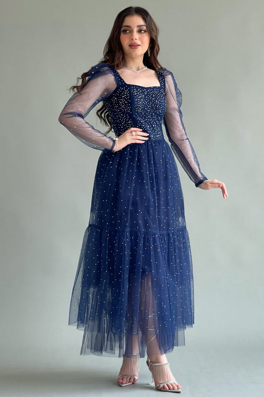 Tulle evening dress decorated with beads, navy blue