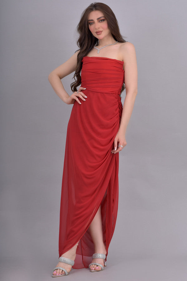 Drape chiffon dress with side slit, red