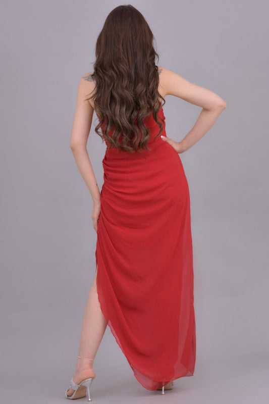 Drape chiffon dress with side slit, red