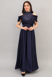 Cloche dress with embroidered high collar, navy blue