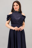 Cloche dress with embroidered high collar, navy blue