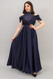 Cloche dress with embroidered high collar, navy blue