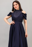 Cloche dress with embroidered high collar, navy blue