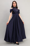 Cloche dress with embroidered high collar, navy blue