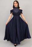 Cloche dress with embroidered high collar, navy blue