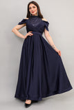 Cloche dress with embroidered high collar, navy blue