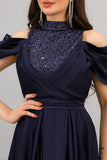 Cloche dress with embroidered high collar, navy blue