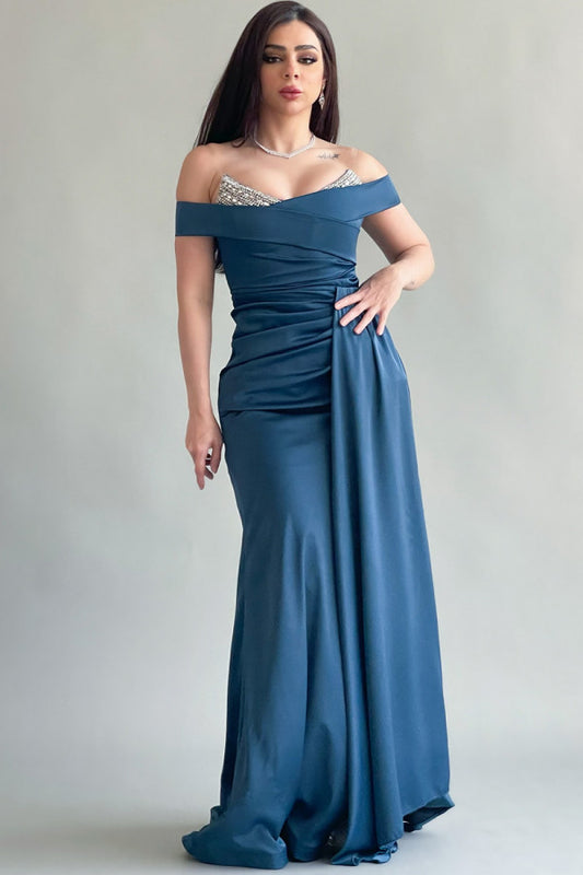 Satin evening dress, embroidered bodice, turquoise