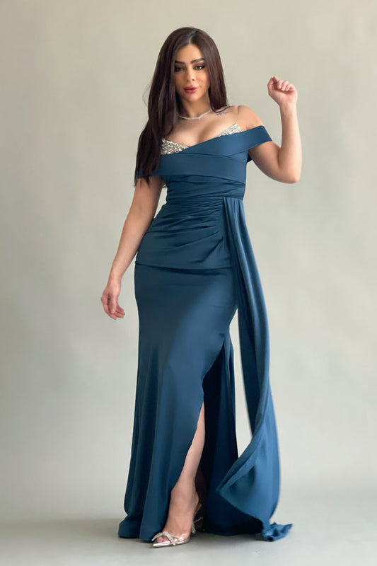Satin evening dress, embroidered bodice, turquoise