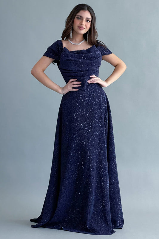 Evening dress with off-shoulder design, navy blue