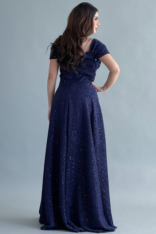 Evening dress with off-shoulder design, navy blue