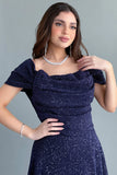 Evening dress with off-shoulder design, navy blue