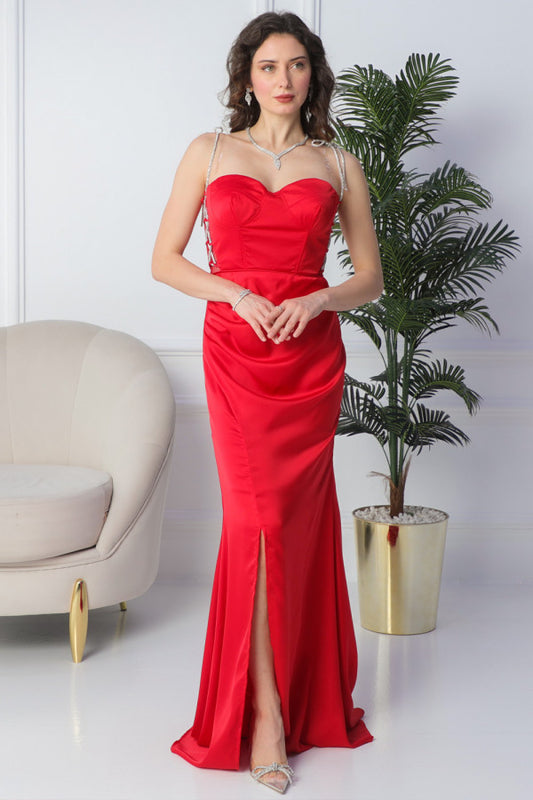 Satin dress with crystal ribbon on the sides of the waist, red color