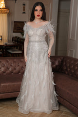Beige feather embellished off shoulder evening dress 