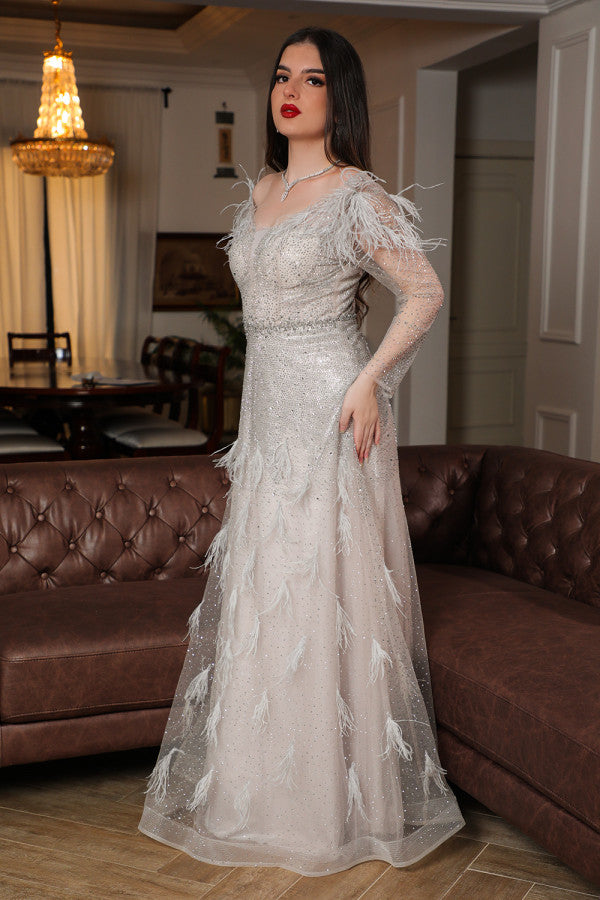 Beige feather embellished off shoulder evening dress 
