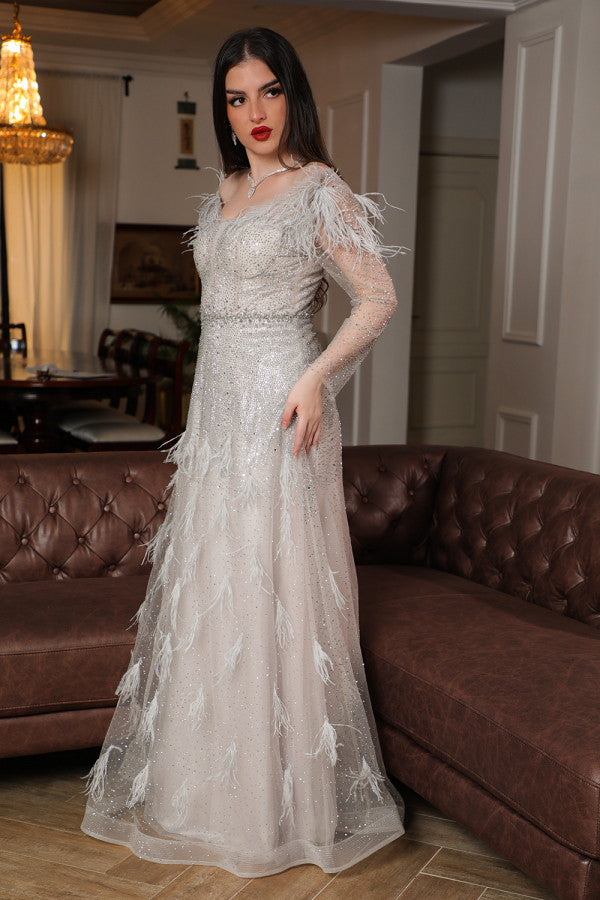 Beige feather embellished off shoulder evening dress 