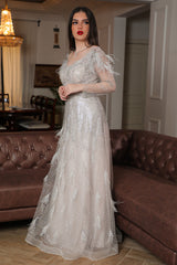 Beige feather embellished off shoulder evening dress 