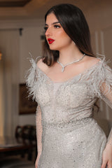 Beige feather embellished off shoulder evening dress 