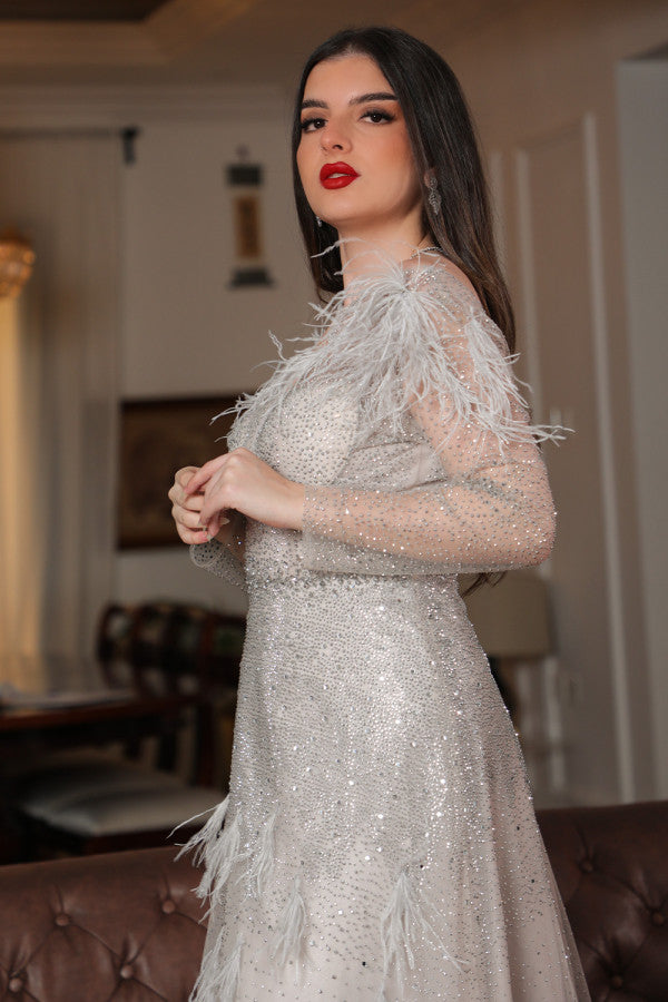 Beige feather embellished off shoulder evening dress 