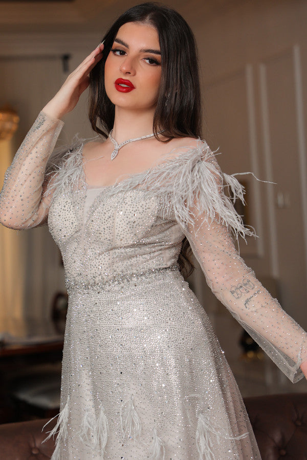 Beige feather embellished off shoulder evening dress 