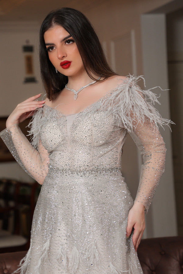Beige feather embellished off shoulder evening dress 