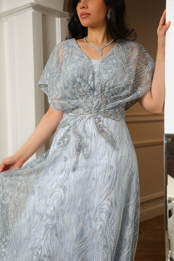 Sky blue off shoulder embroidered evening dress