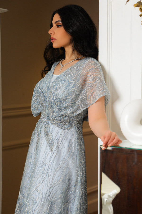 Sky blue off shoulder embroidered evening dress