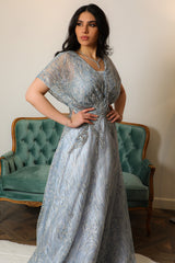 Sky blue off shoulder embroidered evening dress
