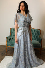 Sky blue off shoulder embroidered evening dress