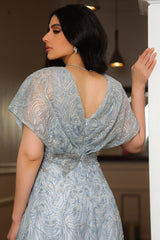 Sky blue off shoulder embroidered evening dress