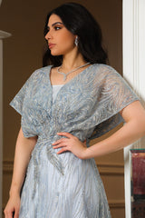 Sky blue off shoulder embroidered evening dress
