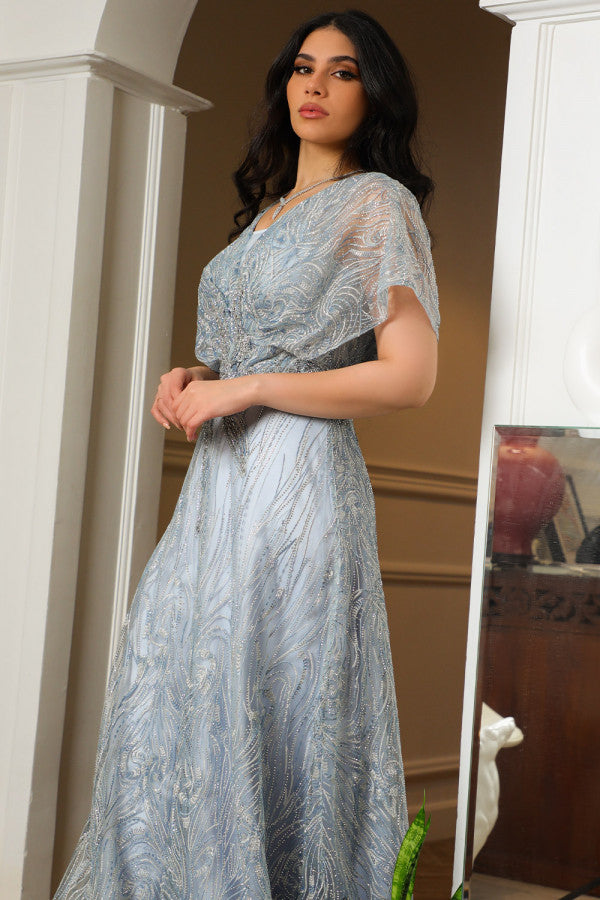 Sky blue off shoulder embroidered evening dress