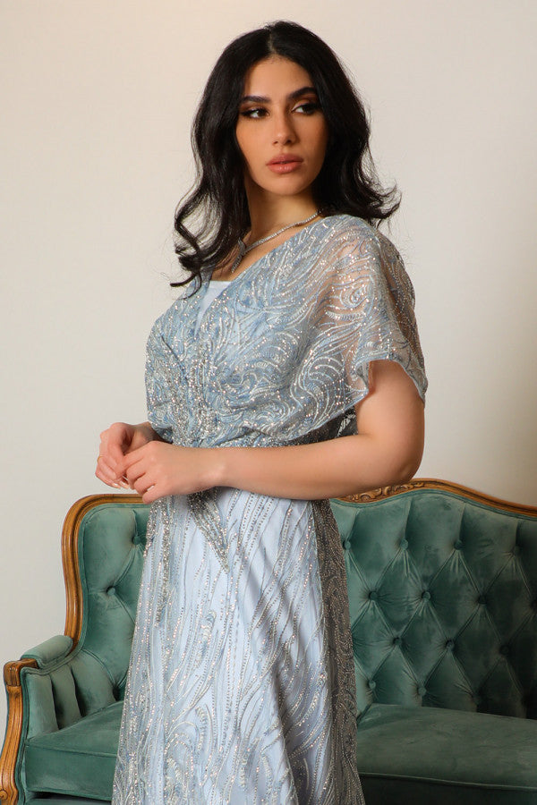 Sky blue off shoulder embroidered evening dress