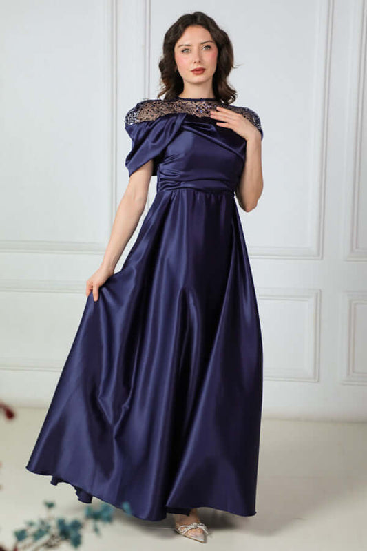 Satin taffeta dress with collar sleeves, navy blue