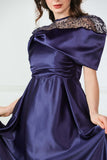 Satin taffeta dress with collar sleeves, navy blue