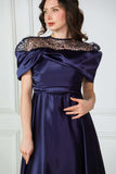 Satin taffeta dress with collar sleeves, navy blue