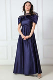 Satin taffeta dress with collar sleeves, navy blue