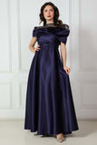 Satin taffeta dress with collar sleeves, navy blue