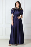 Satin taffeta dress with collar sleeves, navy blue