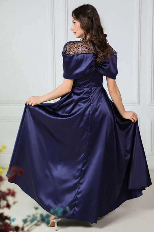 Satin taffeta dress with collar sleeves, navy blue