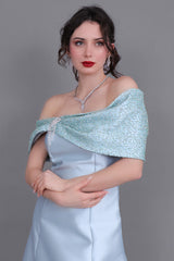 Mikado taffeta evening dress with embroidered bow sleeves, Tiffany color