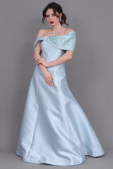 Mikado taffeta evening dress with embroidered bow sleeves, Tiffany color