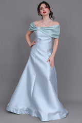 Mikado taffeta evening dress with embroidered bow sleeves, Tiffany color