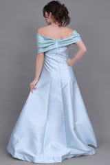 Mikado taffeta evening dress with embroidered bow sleeves, Tiffany color