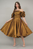 Cloche evening dress with puff sleeves, bronze brown color -