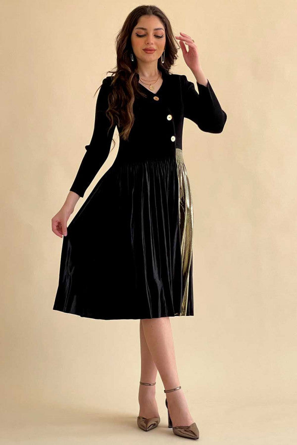 Short, V-neck dress with long sleeves and a slanted button line