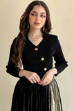 Short, V-neck dress with long sleeves and a slanted button line