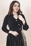 Short, V-neck dress with long sleeves and a slanted button line